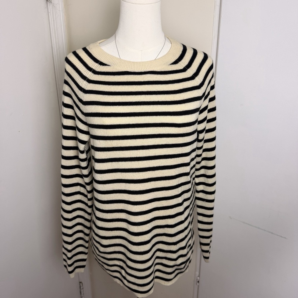 EQUIPMENT Lucien Ivory Black Striped Wool Yak Ribbed Knit Zipper Sweater, Size S
